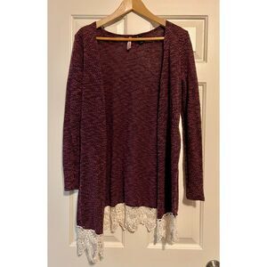 Love by Design Plum Burgundy Knit Open Front Crochet Lace Cardigan M